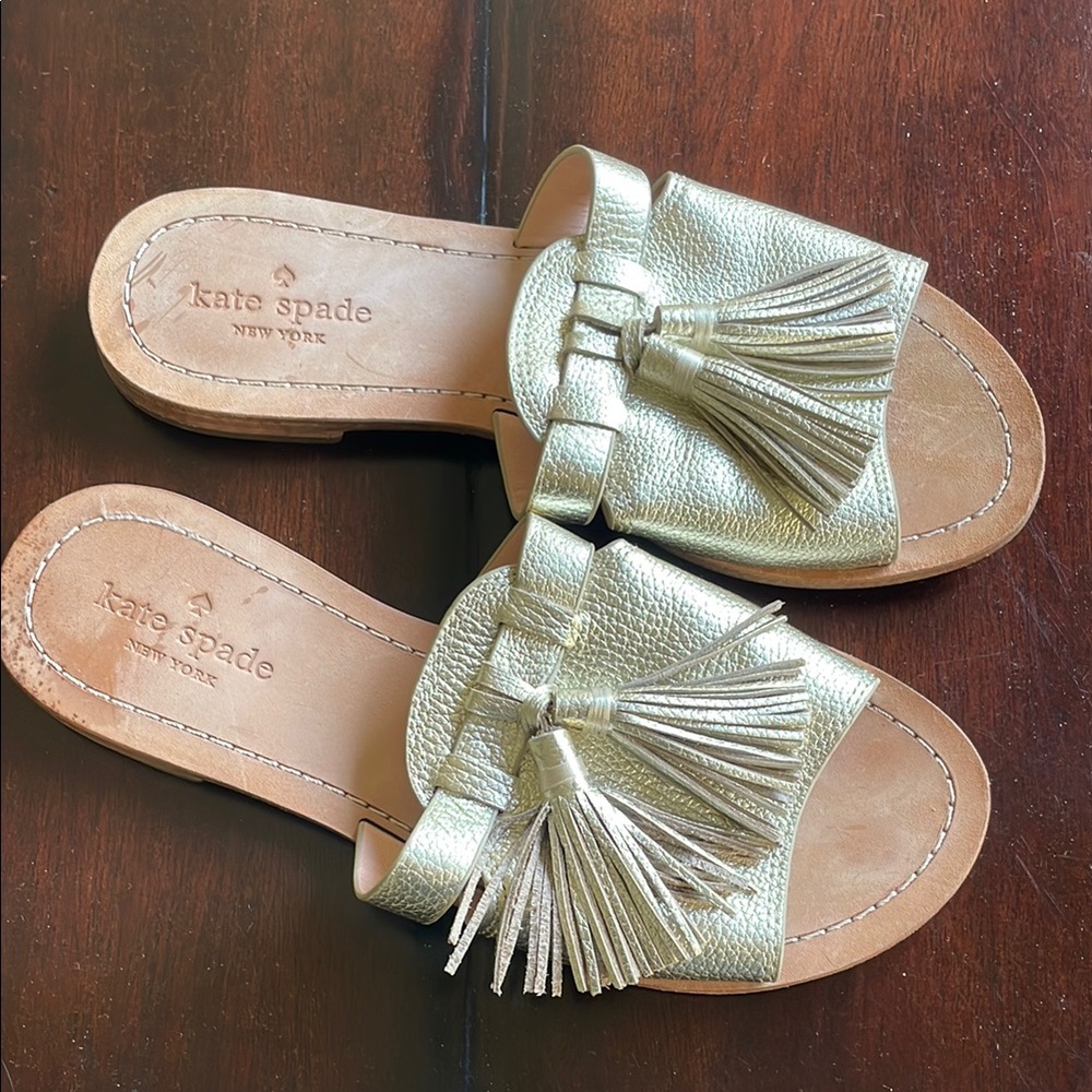 Kate Spade Coby Gold Tassel Leather Slide Sandals Size 7